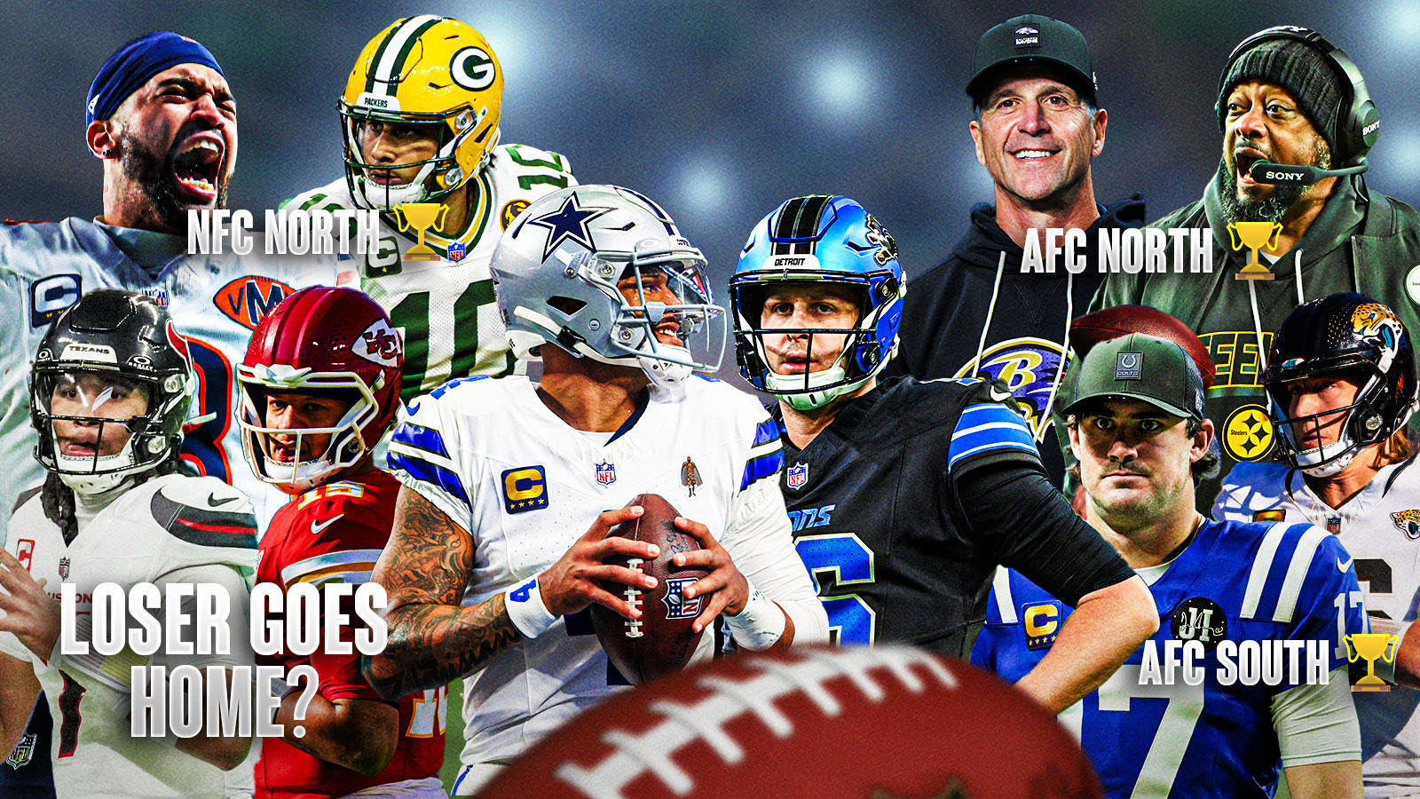 The ClutchPoints 2025 NFL Week 14 picks, predictions, and odds column, featuring - A collage of - - Lions Jared Goff and Cowboys Dak Prescott and large and in the middle with a Thanksgiving turkey in front of them surrounded by... - Chiefs Patrick Mahomes and Texans CJ Stroud with "LOSER GOES HOME?" in front of them - Colts Daniel Jones and Jaguars Trevor Lawrence with "AFC South 🏆" - Steelers Mike Tomlin and Ravens John Harbaugh with "AFC North 🏆" - Packers Jordan Love and Bears Caleb Williams with "NFC North 🏆"