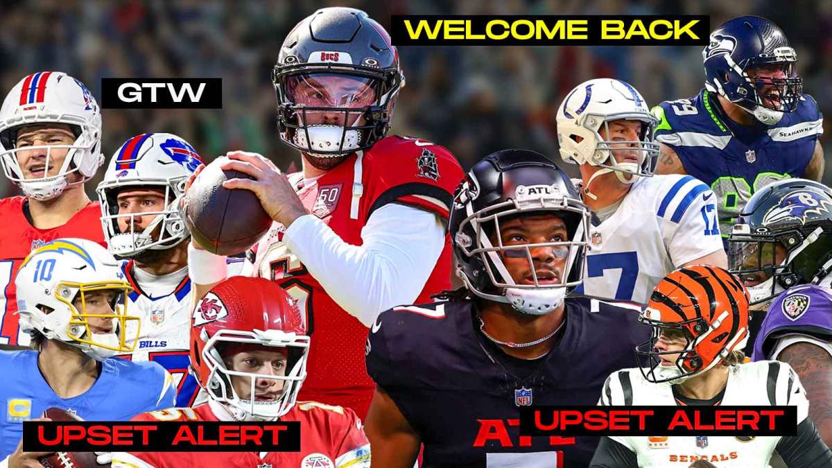 The ClutchPoints 2025 NFL Week 15 picks, predictions, and odds column, featuring - A collage of - - Buccaneers Baker Mayfield and Falcons Bijan Robinson and large and in the middle surrounded by... - Bills Josh Allen and Patriots Drake Maye with "GOTW" in front of them - Chiefs Patrick Mahomes and Chargers Justin Herbert with "UPSET ALERT" - Ravens Lamar Jackson and Bengals Joe Burrow with "UPSET ALERT" - Seahawks Leonard Williams with speech bubble "Welcome Back" next to Colts Philip Rivers