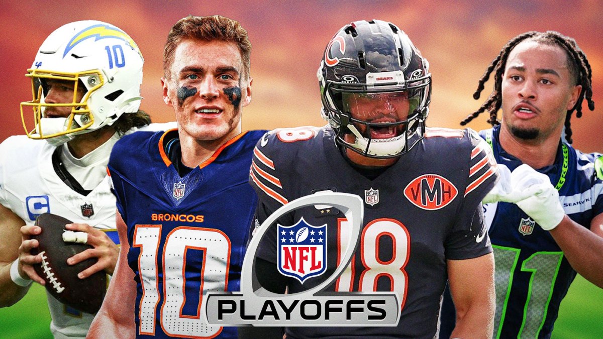 Bo Nix, Justin Herbert, Caleb Williams, Jaxon Smith-Njigba all together with NFL playoff logo front and center.