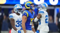 Los Angeles Rams wide receiver Puka Nacua (12) celebrates after a play during the third quarter against the Detroit Lions at SoFi Stadium.