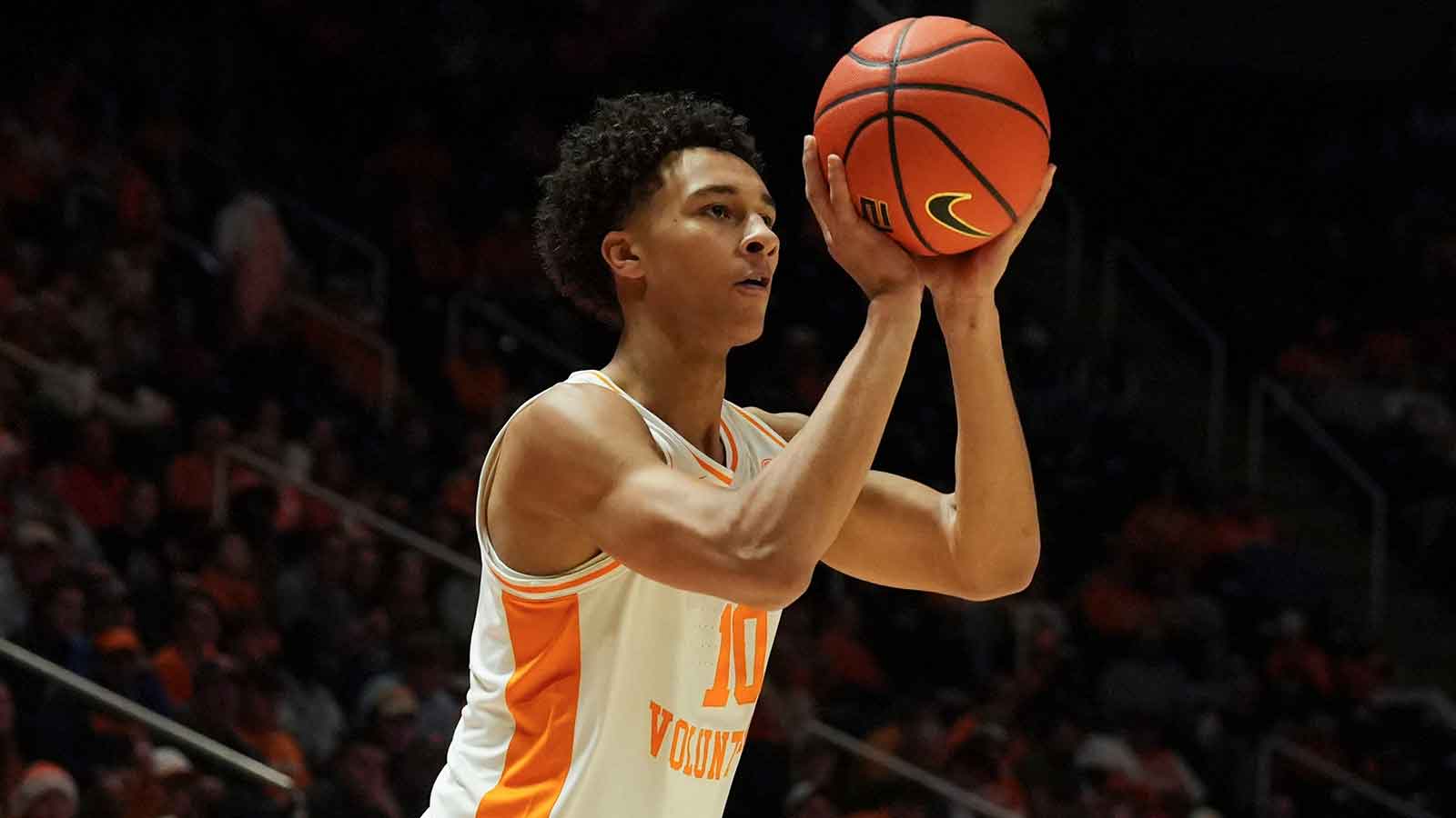 Tennessee forward Nate Ament (10) sets a hits the 3-point basket during an NCAA college basketball game between against Gardner-Webb on Dec. 21, 2025, in Knoxville, Tennessee.