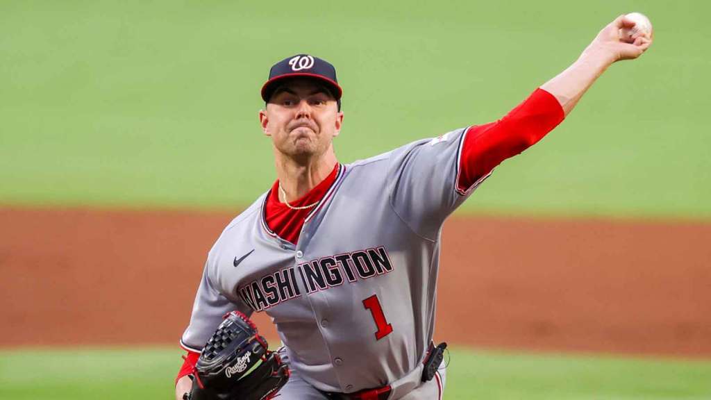 Washington Nationals starting pitcher MacKenzie Gore (1) throws against the Atlanta Braves in the first inning at Truist Park.
