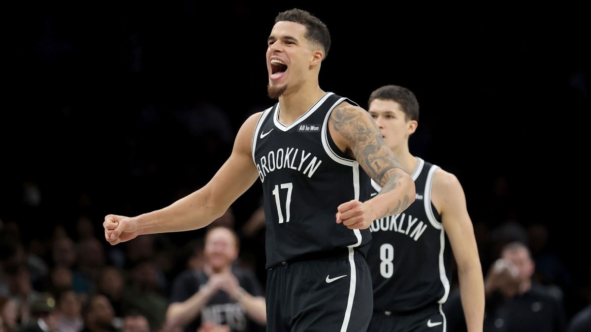 Brooklyn Nets forward Michael Porter Jr. (17) reacts during the fourth quarter against the Charlotte Hornets at Barclays Center.