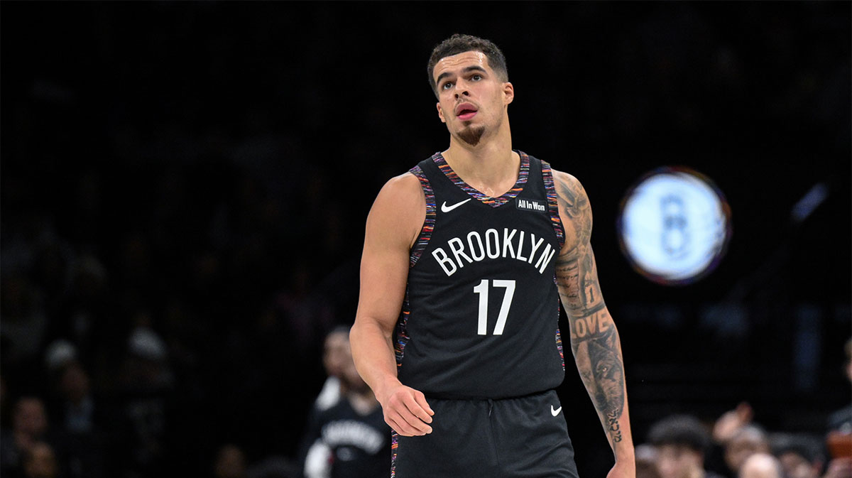 Brooklyn Nets forward Michael Porter Jr. (17) reacts after making a shot against the Toronto Raptors during the first half at Barclays Center.