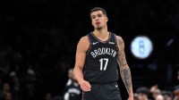 Brooklyn Nets forward Michael Porter Jr. (17) reacts after making a shot against the Toronto Raptors during the first half at Barclays Center.