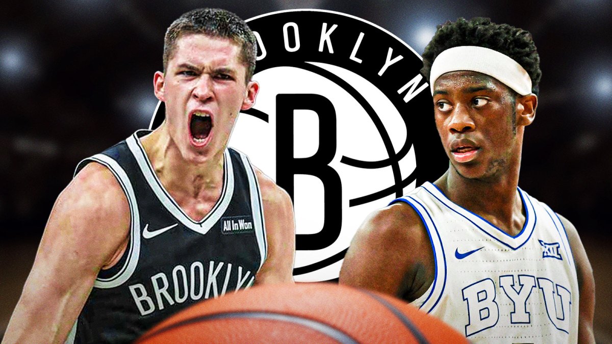 A.J. Dybansta and Egor Demin with a Nets logo in between them