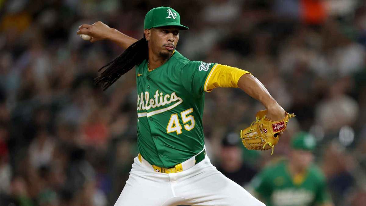 Athletics pitcher Osvaldo Bido (45) throws a pitch against the Texas Rangers during the seventh inning at Sutter Health Park.