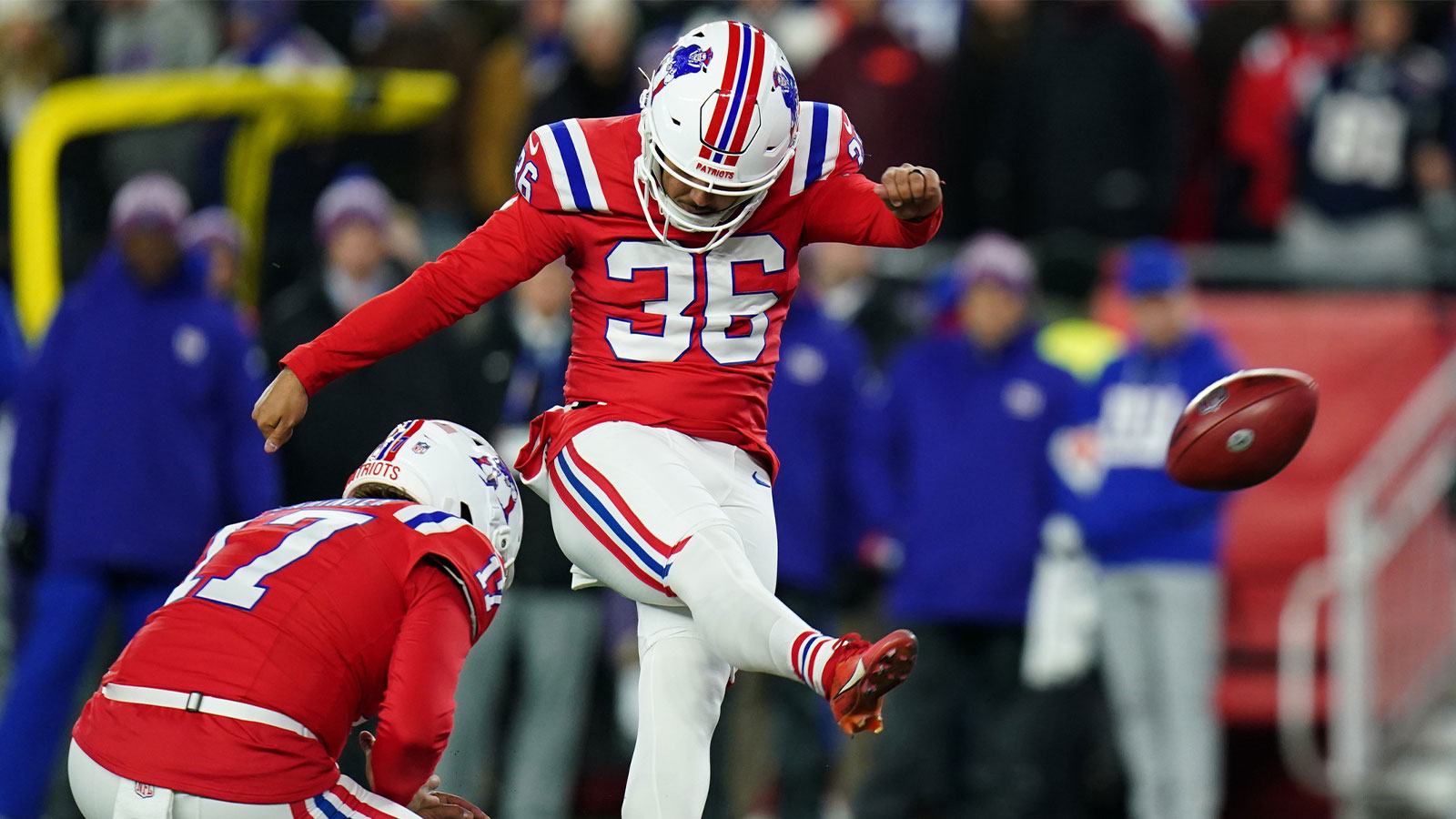 New England Patriots place kicker Andy Borregales (36) makes a kick