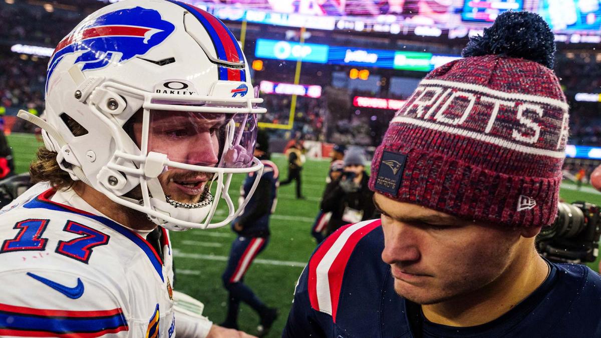 Dec 14, 2025; Foxborough, Massachusetts, USA; New England Patriots quarterback Drake Maye (10) meets Buffalo Bills quarterback Josh Allen (17) on the field after the game at Gillette Stadium. Mandatory Credit: David Butler II-Imagn Images