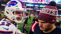 Dec 14, 2025; Foxborough, Massachusetts, USA; New England Patriots quarterback Drake Maye (10) meets Buffalo Bills quarterback Josh Allen (17) on the field after the game at Gillette Stadium. Mandatory Credit: David Butler II-Imagn Images