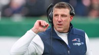 New England Patriots head coach Mike Vrabel looks on during the first half against the New York Jets at MetLife Stadium. Mandatory Credit: Vincent Carchietta-Imagn Images