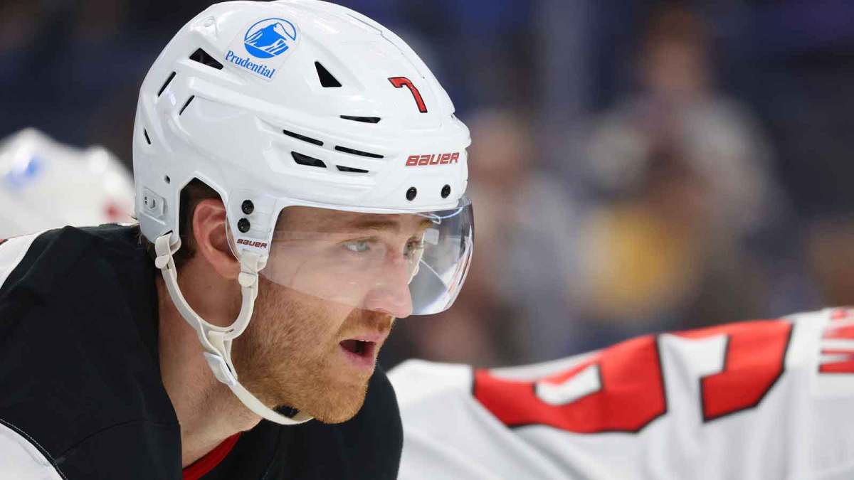 New Jersey Devils defenseman Dougie Hamilton (7) waits for the face-off during the second period against the Buffalo Sabres at KeyBank Center.
