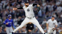 New York Yankees pitcher Devin Williams (38) pitches during the seventh inning against the Toronto Blue Jays during game four of the ALDS round for the 2025 MLB playoffs at Yankee Stadium.