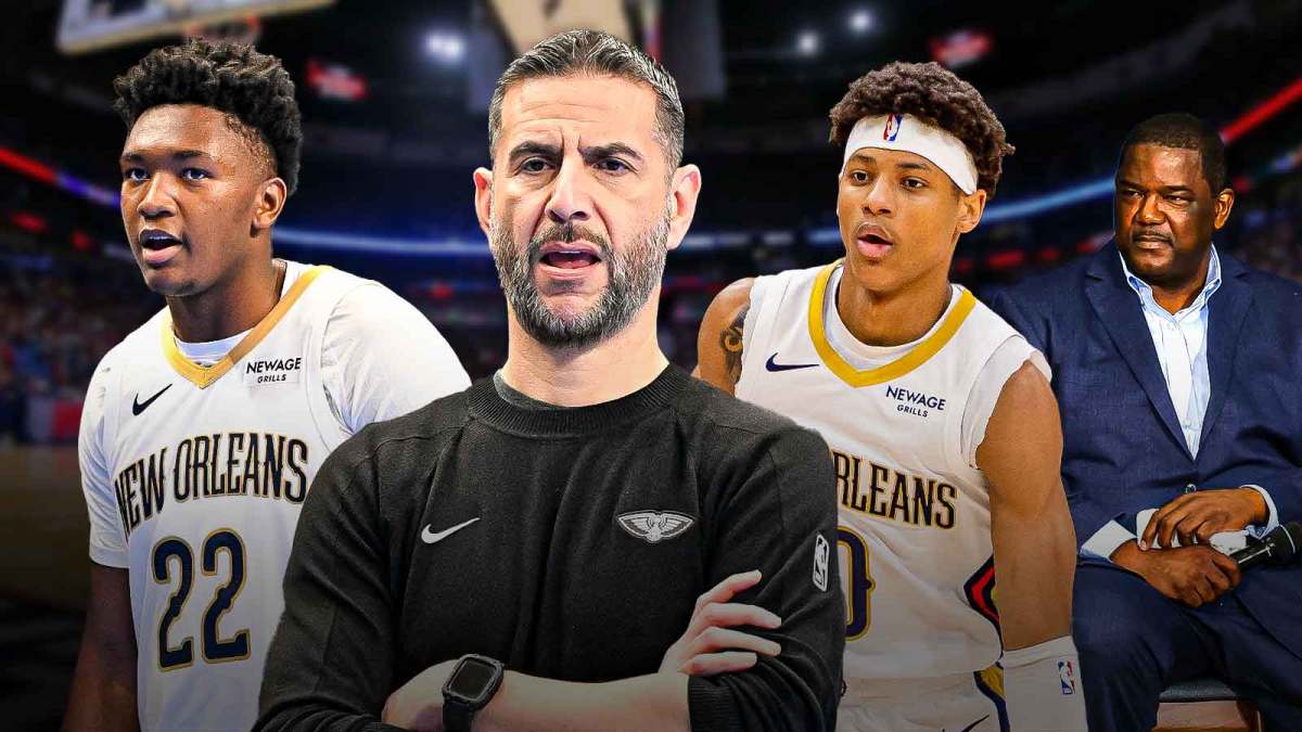 Jeremiah Fears, James Borrego, Derik Queen, Pelicans President Joe Dumars