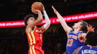 Atlanta Hawks forward Jalen Johnson (1) shoots against the New York Knicks in the fourth quarter at State Farm Arena.