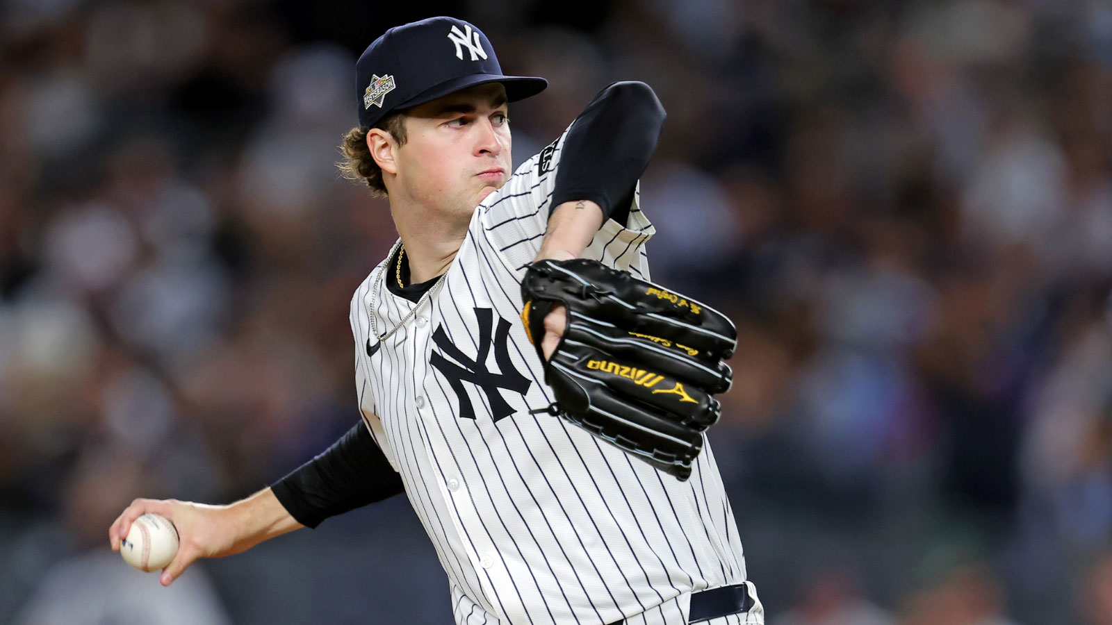 New York Yankees pitcher Cam Schlittler (31) pitches during the fifth inning against the Toronto Blue Jays during game four of the ALDS round for the 2025 MLB playoffs at Yankee Stadium. Mandatory Credit: Brad Penner-Imagn Images