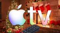 Apple TV logo in front of Christmas tree background.