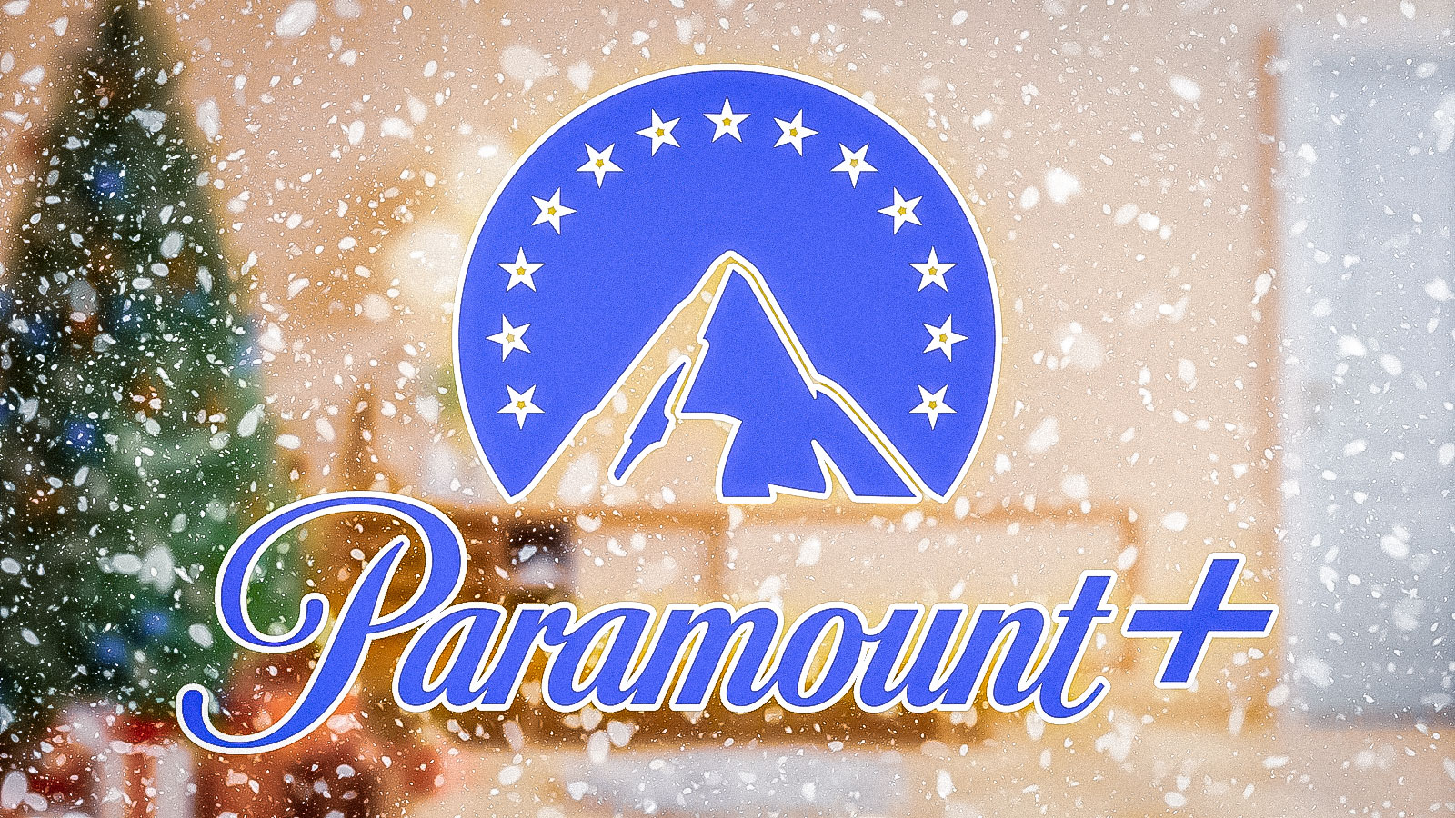 Paramount+ logo in front of Christmas tree background.