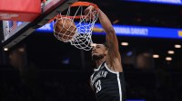 Brooklyn Nets center Nic Claxton (33) goes up for a dunk during the second half against the New Orleans Pelicans at Barclays Center.