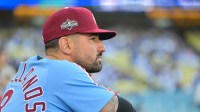 Philadelphia Phillies right fielder Nick Castellanos (8) looks on before the game against the Los Angeles Dodgers during game three of the NLDS round for the 2025 MLB playoffs at Dodger Stadium.