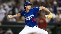 Los Angeles Dodgers pitcher Nick Frasso (79) against the Los Angeles Angels during a spring training game at Camelback Ranch-Glendale.