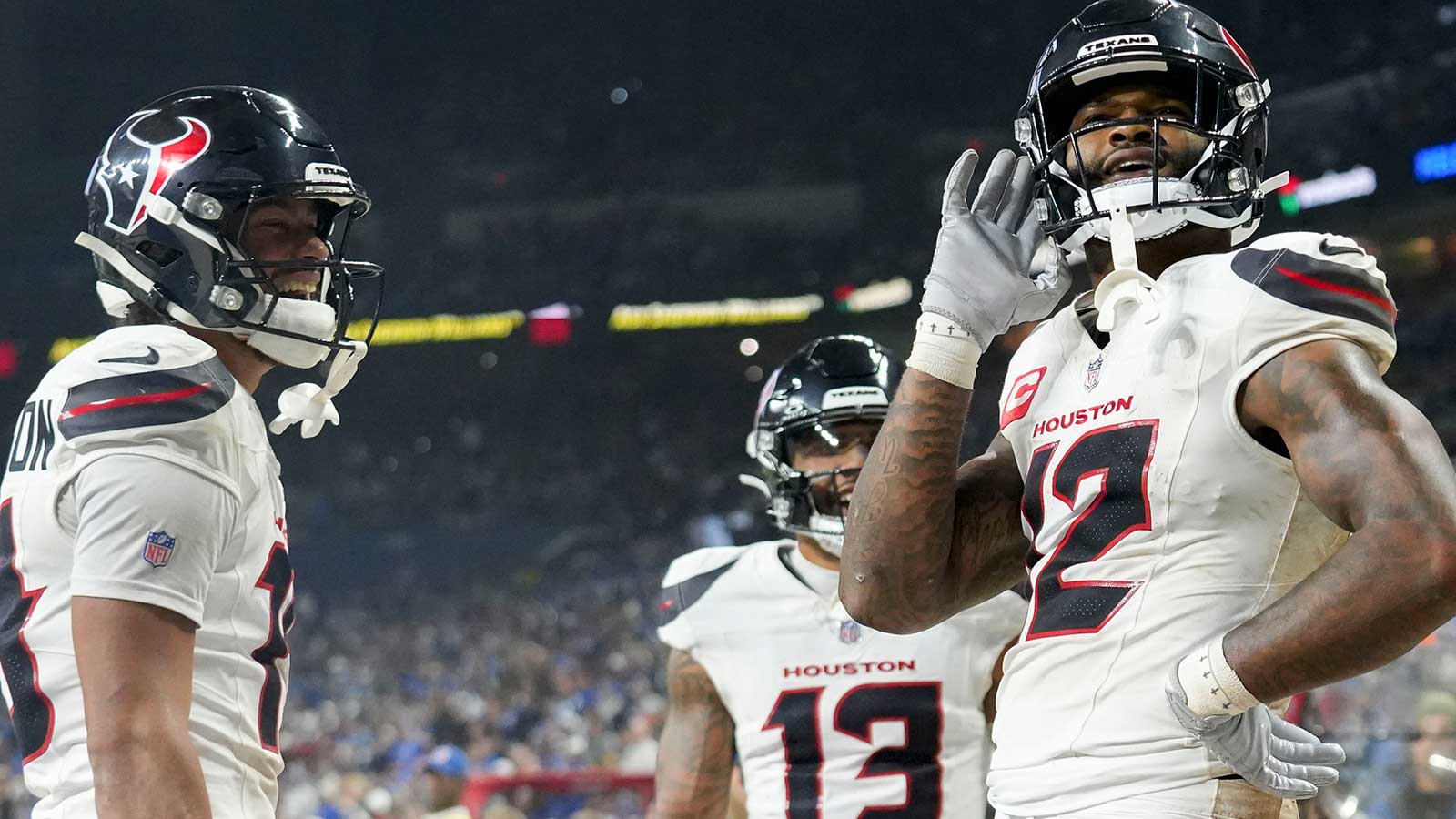 Houston Texans wide receiver Nico Collins (12) celebrates after scoring a touchdown Sunday, Nov. 30, 2025, during a game against the Indianapolis Colts at Lucas Oil Stadium in Indianapolis.