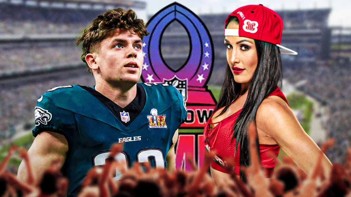 Philadelphia Eagles cornerback Cooper DeJean and WWE star Nikki Bella with 2026 Pro Bowl logo and Lincoln Financial Field background.