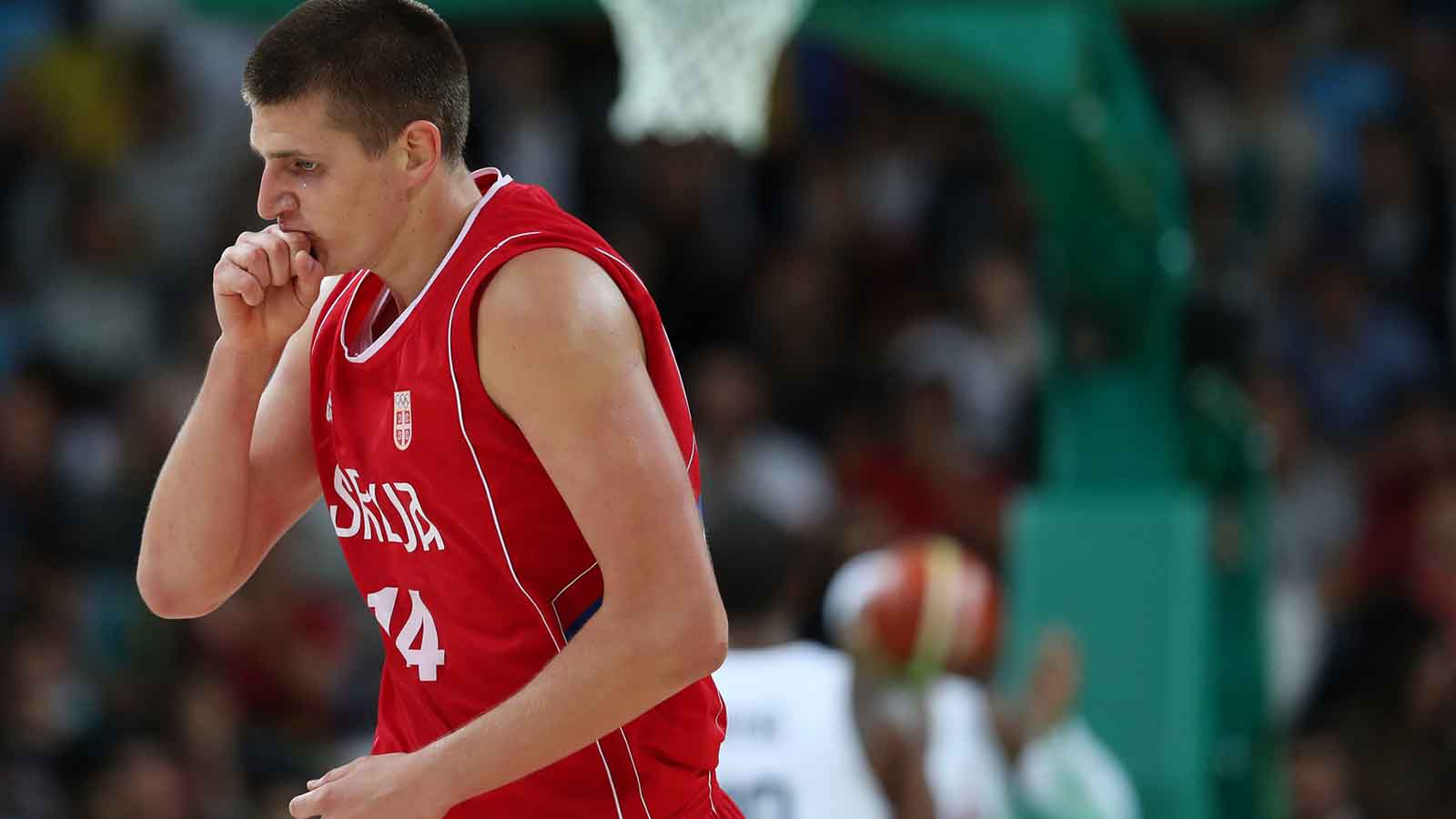 Serbia center Nikola Jokic (14) reacts during the game against United States in the preliminary round of the Rio 2016 Summer Olympic Games at Carioca Arena 1.