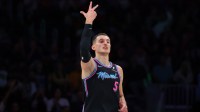 Miami Heat forward Nikola Jovic (5) reacts after scoring against the Indiana Pacers during the second half at Kaseya Center.