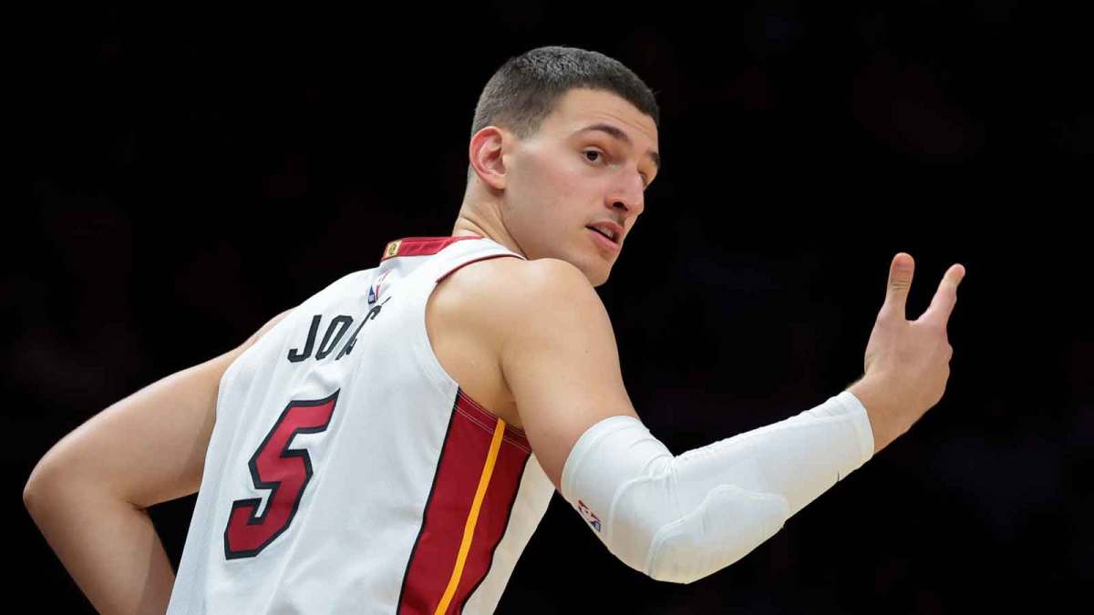 Miami Heat forward Nikola Jovic (5) reacts after scoring against the Denver Nuggets during the third quarter at Kaseya Center.