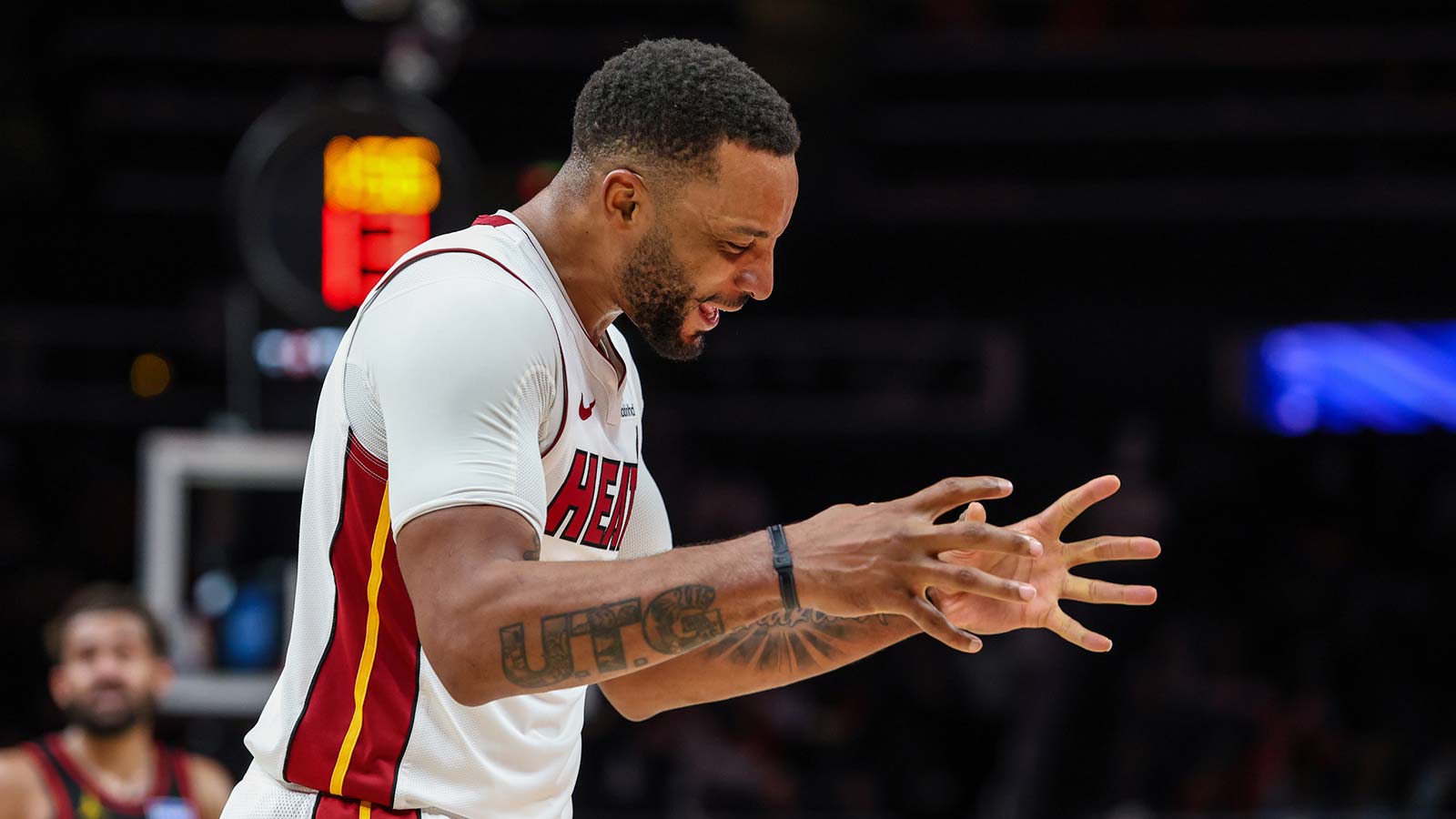 Miami Heat guard Norman Powell (24) reacts to a call during the game against the Atlanta Hawks during the fourth quarter at State Farm Arena. 