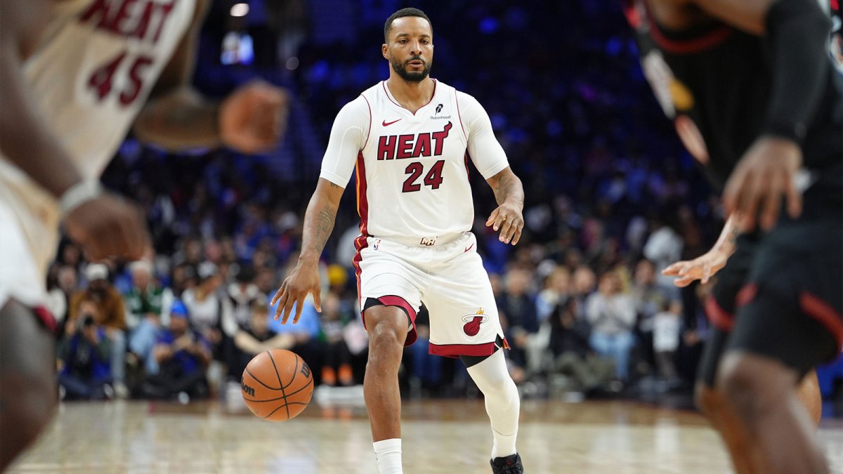 Miami Heat guard Norman Powell (24) controls the ball against the Philadelphia 76ers in the second quarter at Xfinity Mobile Arena.