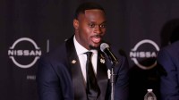 Notre Dame Fighting Irish running back Jeremiyah Love speaks to the media during a press conference at the New York Marriott Marquis before the presentation of the Heisman trophy.