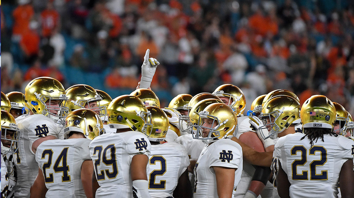 Notre Dame Fighting Irish huddle prior to the game against the Miami Hurricanes at Hard Rock Stadium.