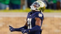 Notre Dame cornerback Karson Hobbs celebrates after intercepting a pass in the second half of a NCAA football game against NC State at Notre Dame Stadium