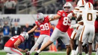 Ohio State Buckeyes kicker Jayden Fielding (38) misses a field goal during the Cotton Bowl at AT&T Stadium in Arlington, Texas for the College Football Playoff quarterfinal game against the Miami Hurricanes on Dec. 31, 2025.