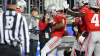 Ohio State Buckeyes wide receiver Bryson Rodgers (13) celebrates his touchdown catch during the second quarter against the UCLA Bruins at Ohio Stadium.