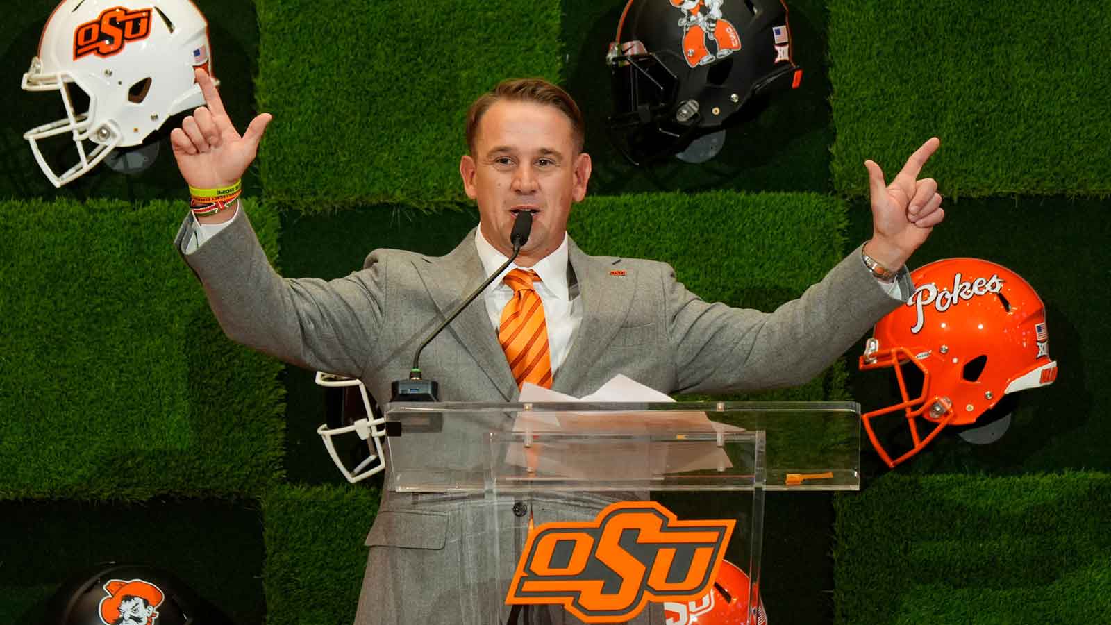 Oklahoma State University (OSU) introduces the new head football coach, Eric Morris, during a rally in Stillwater on Monday, Dec. 8, 2025.