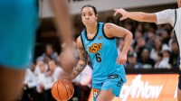 Oklahoma State Cowgirls guard Jadyn Wooten (6) brings the ball up court during the second half against the Oral Roberts Golden Eagles.