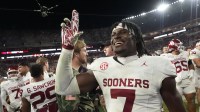 Oklahoma linebacker Sammy Omosigho (7) celebrates after Oklahoma defeated the Alabama Crimson Tide 23-21 at Saban Field at Bryant-Denny Stadium.