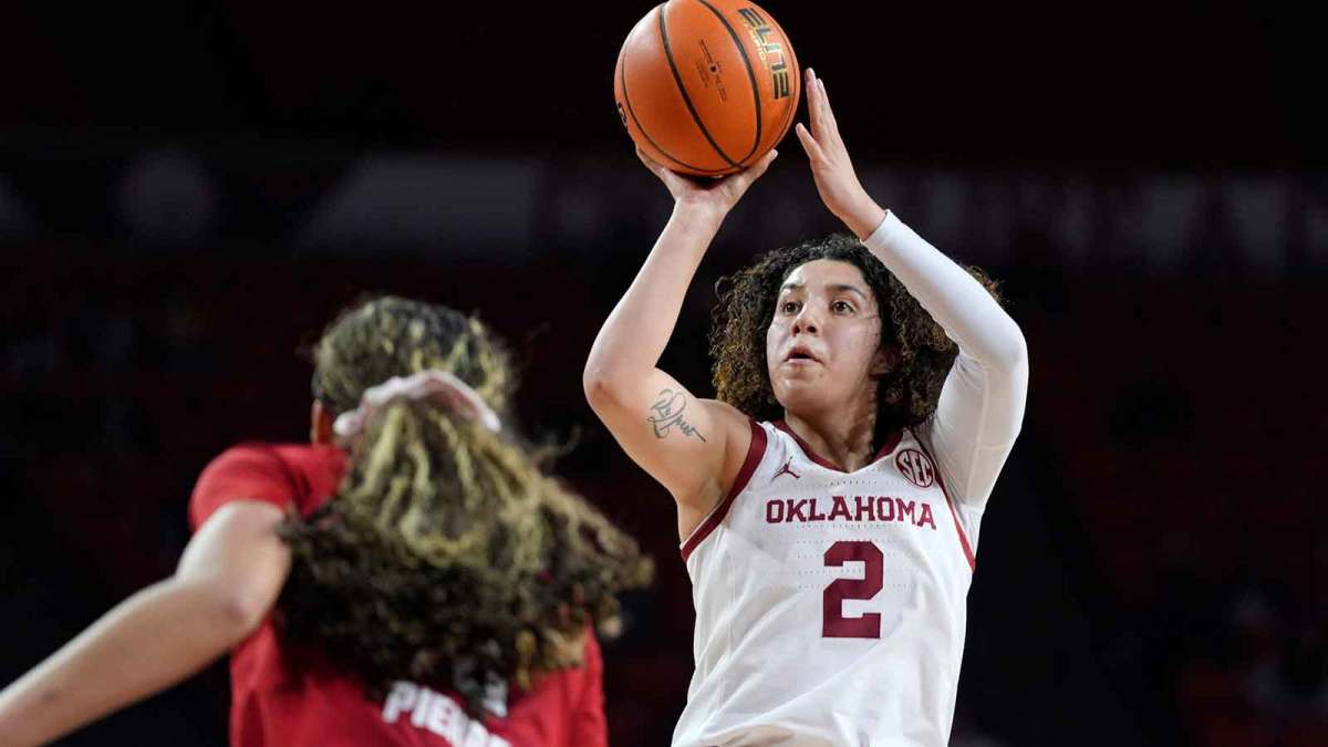 Oklahoma Sooners guard Aaliyah Chavez (2) takes a shot during a women's college basketball game between the University of Oklahoma Sooners (OU) and the NC State Wolfpack.