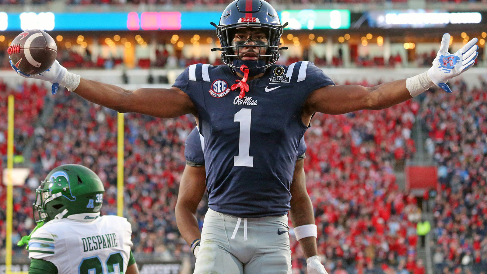 Mississippi Rebels wide receiver De'Zhaun Stribling (1) reacts after a catch for a touchdown during the third quarter against the Tulane Green Wave at Vaught-Hemingway Stadium.