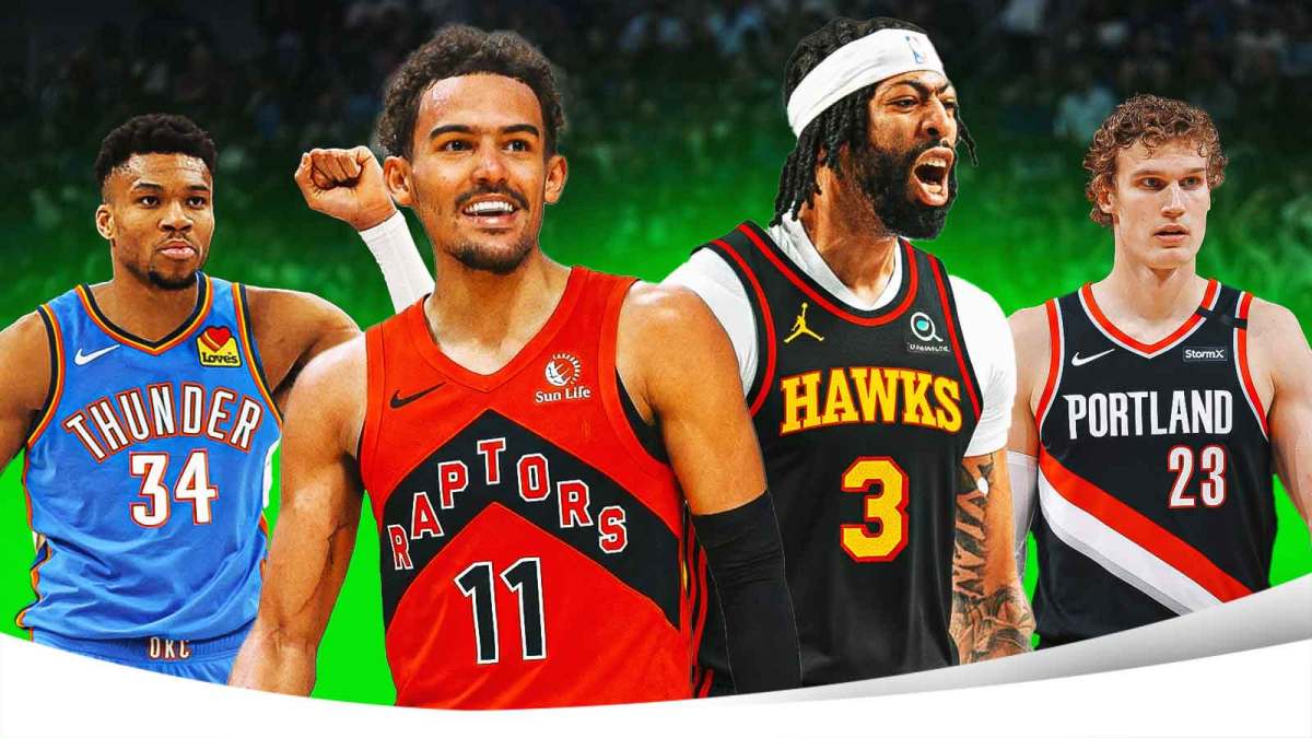 Giannis Antetokounmpo photoshopped in Thunder jersey. Trae Young photoshopped in Raptors jersey. Anthony Davis photoshopped in Hawks jersey. Lauri Markkanen photoshopped in Blazers jersey. Include their jersey numbers on these photoshops.
