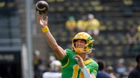 Oregon quarterback Austin Novosad throws a pass during warmups as the Oregon Ducks host the Montana State Bobcats on Aug. 30, 2025, at Autzen Stadium in Eugene, Oregon.
