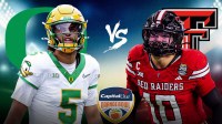 Dante Moore on the left with Oregon Logo behind him. Jacob Rodriguez with Texas Tech logo on the Right VS in the middle. Orange Bowl logo in the middle or background.