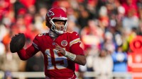 Kansas City Chiefs quarterback Patrick Mahomes (15) looks to pass against the Los Angeles Chargers during the second quarter at GEHA Field at Arrowhead Stadium
