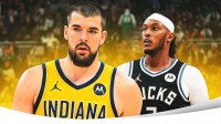 Ivica Zubac in Pacers uniform, with Myles Turner in Bucks uniform behind him