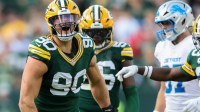 Green Bay Packers defensive end Lukas Van Ness (90) celebrates after sacking Detroit Lions quarterback Jared Goff on Sunday, September 7, 2025, at Lambeau Field in Green Bay, Wis. The Packers won the game, 27-13.