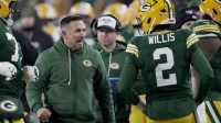 Green Bay Packers head coach Matt Lafleur yells at quarterback Malik Willis after a fumble during the second quarter of their game against the Baltimore Ravens Saturday, December 27, 2025 at Lambeau Field in Green Bay, Wisconsin.