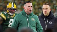 Packers HC Matt LaFleur (center), Packers RB Josh Jacobs (left) and Packers DC Jeff Hafley